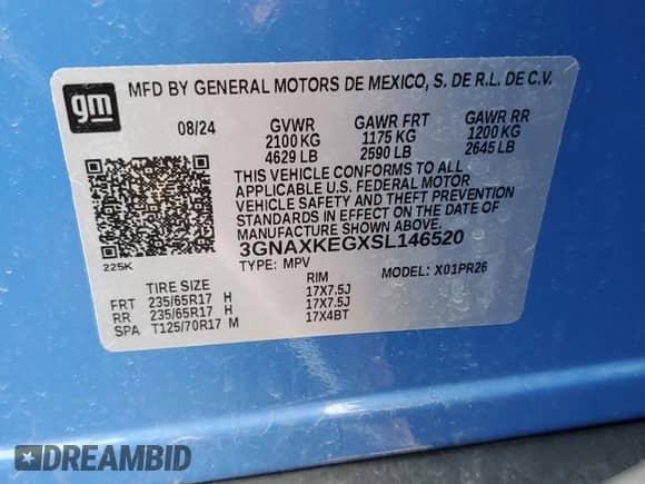 2025 Chevrolet Equinox FWD ACTIV с VIN 3GNAXKEGXSL146520, выставлен на аукционе Copart как лот 59194805 с пробегом 5 645 миль миль и Списание • Salvage title. История ставок и продаж доступна на DreamBid. Изображение 13.