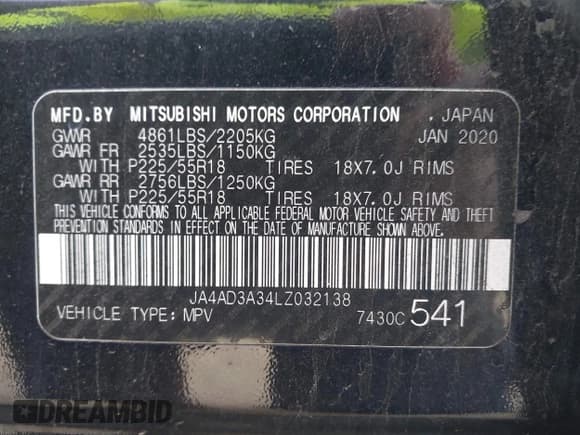 ✅ 2020 Mitsubishi Outlander SE • VIN: JA4AD3A34LZ032138 • Lot: 43870830. Listed on IAAI with 176,189 mi. Free auction sales archive from the USA and detailed vehicle history report at DreamBid. Image 9.