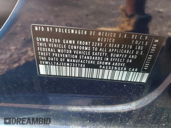 ✅ 2014 Volkswagen Jetta TDI w/Premium/Nav • VIN: 3VWLL7AJ3EM232789 • Lot: 42737539. Listed on IAAI with 60,263 mi. Free auction sales archive from the USA and detailed vehicle history report at DreamBid. Image 9.