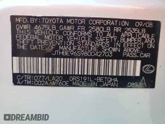 ✅ 2008 Lexus GS 350 • VIN: JTHBE96S980042703 • Lot: 86626065. Listed on Copart with 234,609 mi. Free auction sales archive from the USA and detailed vehicle history report at DreamBid. Image 13.