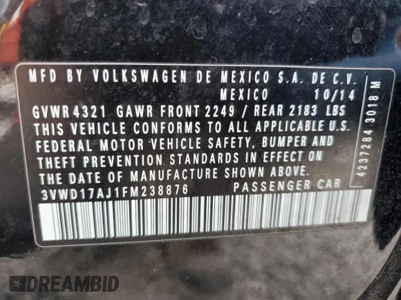 ✅ 2015 Volkswagen Jetta SE • VIN: 3VWD17AJ1FM238876 • Lot: 58957215. Listed on Copart with 122,705 mi. Free auction sales archive from the USA and detailed vehicle history report at DreamBid. Image 12.