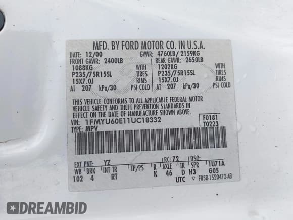 ✅ 2001 Ford Explorer Sport • VIN: 1FMYU60E11UC18332 • Лот: 41598651. Опубликован ранее на IAAI с пробегом 271 999 миль. Бесплатный доступ к архиву аукционных продаж из США и подробный отчёт об истории автомобиля на DreamBid. Изображение 9.