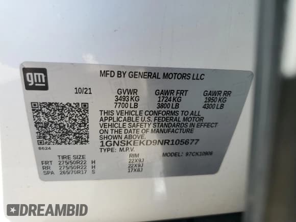 ✅ 2022 Chevrolet Suburban RST • VIN: 1GNSKEKD9NR105677 • Lot: 70652555. Listed on Copart with 52,203 mi. Free auction sales archive from the USA and detailed vehicle history report at DreamBid. Image 13.