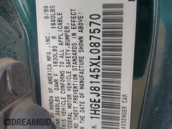 ✅ 1999 Honda Civic EX • VIN: 1HGEJ8145XL087570 • Lot: 64837915. Listed on Copart with 265,854 mi. Free auction sales archive from the USA and detailed vehicle history report at DreamBid. Image 12.