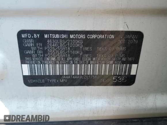 ✅ 2020 Mitsubishi Eclipse Cross LE • VIN: JA4AT4AA9LZ017562 • Лот: 60271085. Опубликован ранее на Copart с пробегом 168 453 миль. Бесплатный доступ к архиву аукционных продаж из США и подробный отчёт об истории автомобиля на DreamBid. Изображение 13.