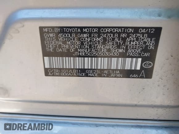 ✅ 2012 Lexus IS 350 • VIN: JTHBE5C25C5030430 • Lot: 43755255. Wystawiony na IAAI z przebiegiem 193 949 mil. Bezpłatny archiwum sprzedaży aukcyjnych z USA i szczegółowy raport historii pojazdu na DreamBid. Zdjęcie 9.