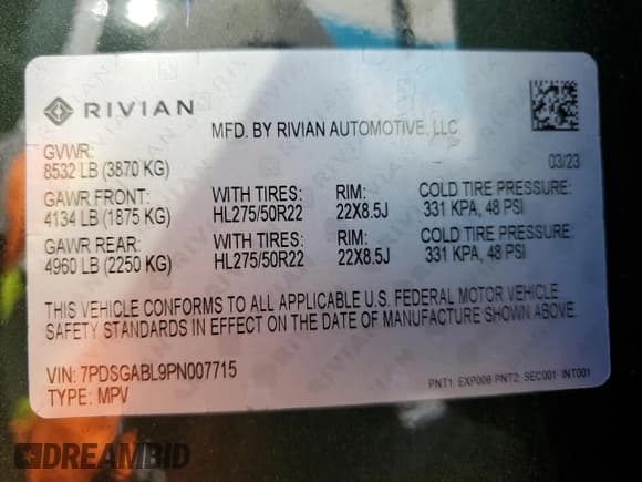 ✅ 2023 Rivian R1S Launch Edition • VIN: 7PDSGABL9PN007715 • Лот: 55975495. Опубликован ранее на Copart с пробегом 29 067 миль. Бесплатный доступ к архиву аукционных продаж из США и подробный отчёт об истории автомобиля на DreamBid. Изображение 14.