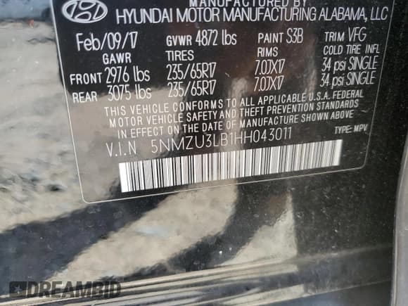 ✅ 2017 Hyundai Santa Fe 2.4L • VIN: 5NMZU3LB1HH043011 • Lot: 50363615. Listed on Copart with 135,798 mi. Free auction sales archive from the USA and detailed vehicle history report at DreamBid. Image 12.