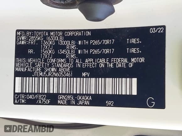 ✅ 2022 Toyota 4Runner SR5 • VIN: JTEMU5JR2N6053461 • Лот: 43846742. Опубликован ранее на IAAI с пробегом 37 736 миль. Бесплатный доступ к архиву аукционных продаж из США и подробный отчёт об истории автомобиля на DreamBid. Изображение 9.