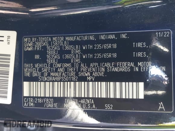 ✅ 2023 Toyota Highlander L • VIN: 5TDKDRAH8PS501182 • Lot: 43652688. Listed on IAAI with 57,375 mi. Free auction sales archive from the USA and detailed vehicle history report at DreamBid. Image 9.