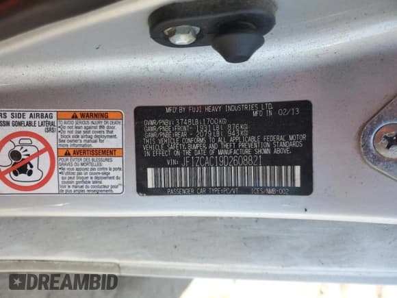 ✅ 2013 Subaru BRZ Limited • VIN: JF1ZCAC19D2608821 • Lot: 90899605. Listed on Copart with 114,443 mi. Free auction sales archive from the USA and detailed vehicle history report at DreamBid. Image 12.