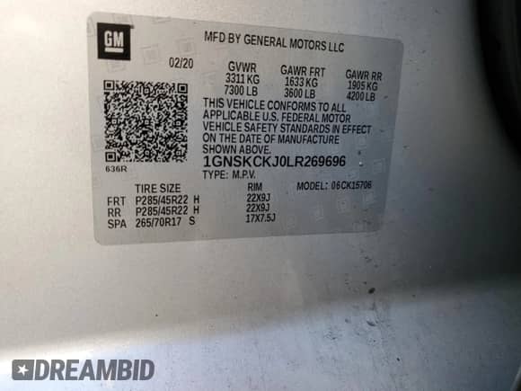 2020 Chevrolet Tahoe Premier with VIN 1GNSKCKJ0LR269696, listed as a Copart auction lot 47177065 with Not provided miles and Salvage title. Bid and sale history available at DreamBid. Image 13.