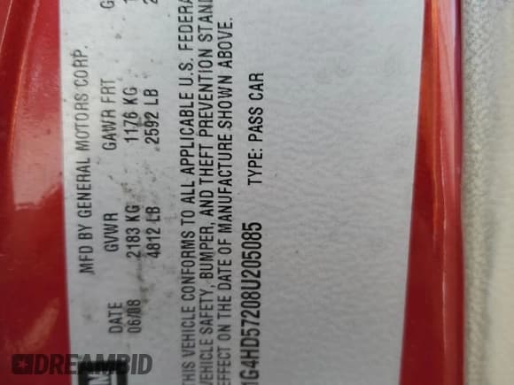 ✅ 2008 Buick Lucerne CXL • VIN: 1G4HD57208U205085 • Lot: 90707675. Listed on Copart with 183,787 mi. Free auction sales archive from the USA and detailed vehicle history report at DreamBid. Image 12.