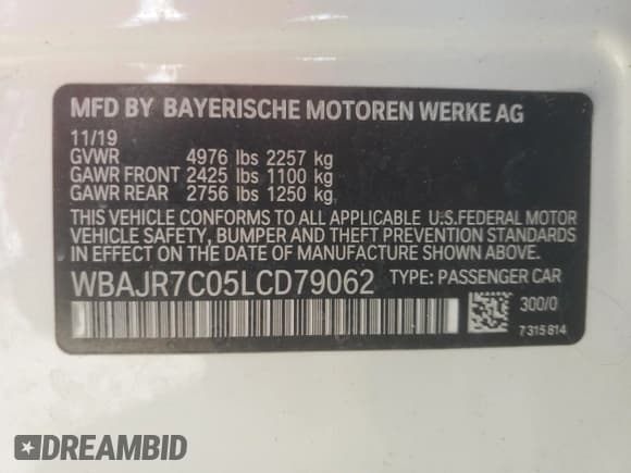 ✅ 2020 BMW 5 Series 530i xDrive • VIN: WBAJR7C05LCD79062 • Lot: 85115345. Listed on Copart with 115,406 mi. Free auction sales archive from the USA and detailed vehicle history report at DreamBid. Image 13.