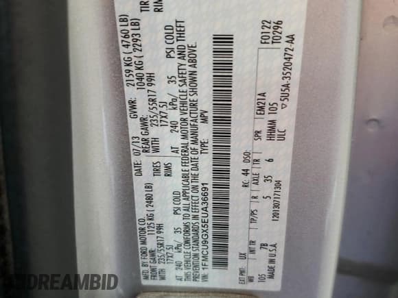 ✅ 2014 Ford Escape SE • VIN: 1FMCU9GX5EUA36691 • Лот: 60871255. Опубликован ранее на Copart с пробегом 157 744 миль. Бесплатный доступ к архиву аукционных продаж из США и подробный отчёт об истории автомобиля на DreamBid. Изображение 13.