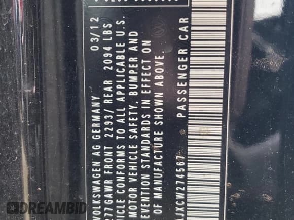 ✅ 2012 Volkswagen Golf • VIN: WVWBB7AJXCW274567 • Lot: 44172415. Listed on Copart with 100,930 mi. Free auction sales archive from the USA and detailed vehicle history report at DreamBid. Image 12.