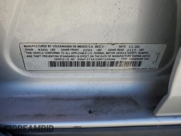 ✅ 2006 Volkswagen Jetta GLI Turbo • VIN: 3VWTJ71K16M710496 • Lot: 72077135. Listed on Copart with 241,853 mi. Free auction sales archive from the USA and detailed vehicle history report at DreamBid. Image 12.