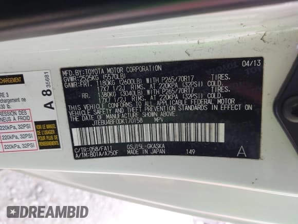 ✅ 2013 Toyota FJ Cruiser • VIN: JTEBU4BF0DK170158 • Lot: 41835356. Wystawiony na IAAI z przebiegiem 128 087 mil. Bezpłatny archiwum sprzedaży aukcyjnych z USA i szczegółowy raport historii pojazdu na DreamBid. Zdjęcie 9.