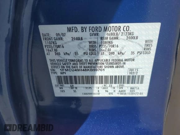 ✅ 2008 Ford Escape Hybrid • VIN: 1FMCU49H48KB59701 • Lot: 91716285. Listed on Copart with 137,435 mi. Free auction sales archive from the USA and detailed vehicle history report at DreamBid. Image 12.