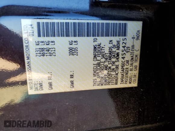 ✅ 2014 Nissan Maxima S • VIN: 1N4AA5AP6EC455425 • Lot: 90953045. Listed on Copart with 124,020 mi. Free auction sales archive from the USA and detailed vehicle history report at DreamBid. Image 12.