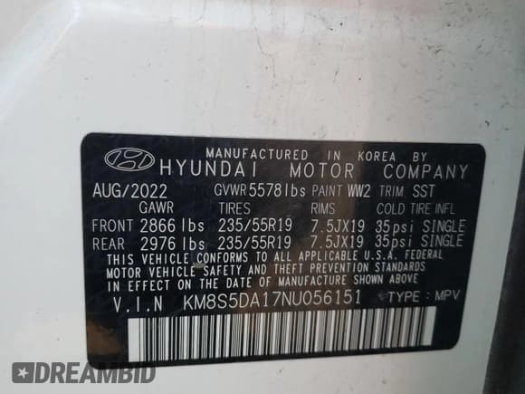 ✅ 2022 Hyundai Santa Fe Limited • VIN: KM8S5DA17NU056151 • Lot: 63231464. Wystawiony na Copart z przebiegiem Nie podano. Bezpłatny archiwum sprzedaży aukcyjnych z USA i szczegółowy raport historii pojazdu na DreamBid. Zdjęcie 13.