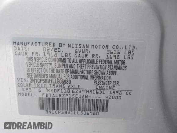 ✅ 2020 Nissan Kicks S • VIN: 3N1CP5BV1LL506980 • Lot: 43223876. Listed on IAAI with 83,152 mi. Free auction sales archive from the USA and detailed vehicle history report at DreamBid. Image 9.