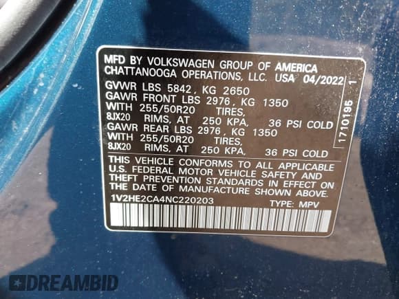 ✅ 2022 Volkswagen Atlas SE • VIN: 1V2HE2CA4NC220203 • Lot: 41982896. Listed on IAAI with 61,989 mi. Free auction sales archive from the USA and detailed vehicle history report at DreamBid. Image 9.