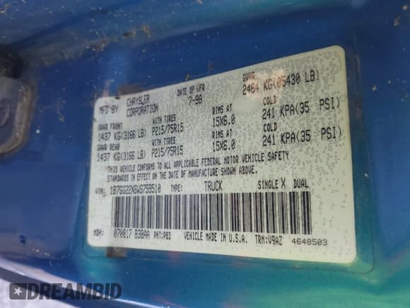 ✅ 1998 Dodge Dakota • VIN: 1B7GG22X6WS759510 • Лот: 43642562. Опубликован ранее на IAAI с пробегом 225 200 миль. Бесплатный доступ к архиву аукционных продаж из США и подробный отчёт об истории автомобиля на DreamBid. Изображение 9.