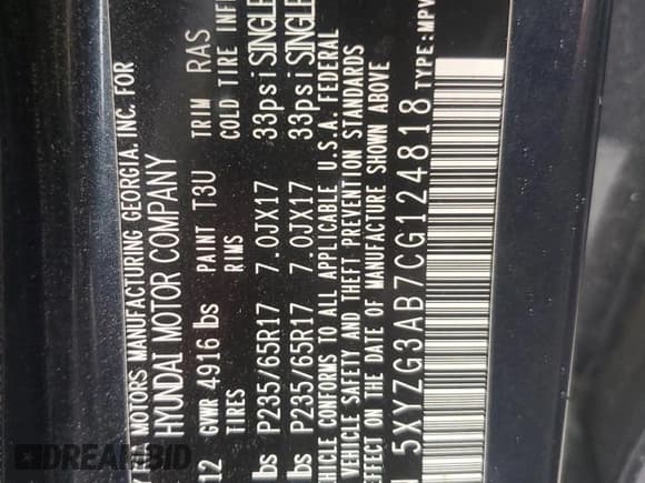 ✅ 2012 Hyundai Santa Fe GLS • VIN: 5XYZG3AB7CG124818 • Lot: 79463594. Listed on Copart with 186,656 mi. Free auction sales archive from the USA and detailed vehicle history report at DreamBid. Image 13.