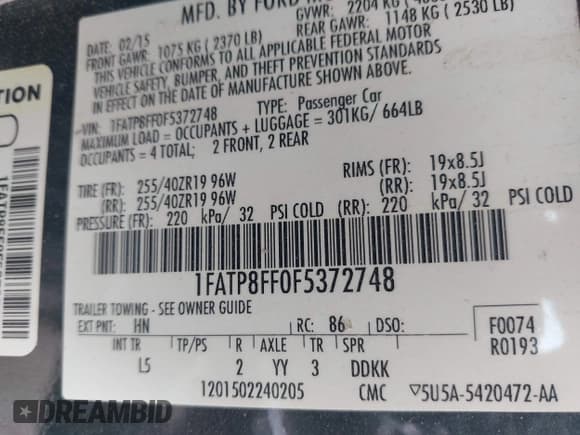 ✅ 2015 Ford Mustang GT Premium • VIN: 1FATP8FF0F5372748 • Lot: 42072941. Listed on IAAI with 104,197 mi. Free auction sales archive from the USA and detailed vehicle history report at DreamBid. Image 9.