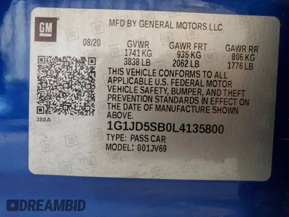 ✅ 2020 Chevrolet Sonic LT • VIN: 1G1JD5SB0L4135800 • Lot: 59463194. Wystawiony na Copart z przebiegiem 47 192 mil mil. Skorzystaj z bezpłatnego archiwum sprzedaży aukcyjnych z USA i zobacz szczegółowy raport historii pojazdu na DreamBid. Zdjęcie 14.