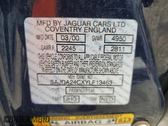 ✅ 2000 Jaguar XJ Vanden Plas • VIN: SAJDA24CXYLF13463 • Lot: 67797454. Listed on Copart with 144,765 mi. Free auction sales archive from the USA and detailed vehicle history report at DreamBid. Image 12.