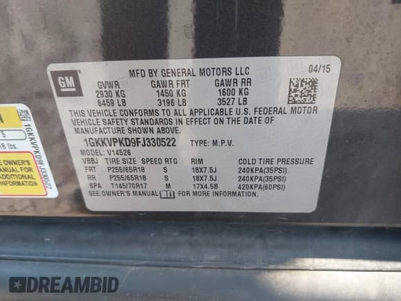 ✅ 2015 GMC Acadia SLE • VIN: 1GKKVPKD9FJ330522 • Lot: 42439586. Listed on IAAI with 114,463 mi. Free auction sales archive from the USA and detailed vehicle history report at DreamBid. Image 9.