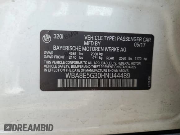 ✅ 2017 BMW 3 Series 320i xDrive • VIN: WBA8E5G30HNU44489 • Lot: 80530265. Listed on Copart with 110,068 mi. Free auction sales archive from the USA and detailed vehicle history report at DreamBid. Image 12.