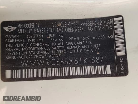 ✅ 2006 MINI Hardtop • VIN: WMWRC335X6TK16871 • Lot: 41846929. Listed on IAAI with 145,709 mi. Free auction sales archive from the USA and detailed vehicle history report at DreamBid. Image 9.