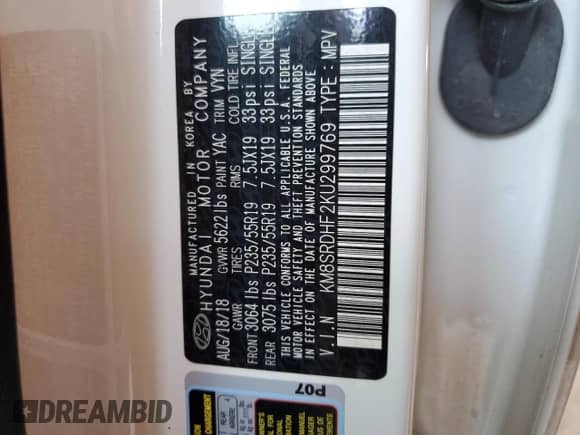 2019 Hyundai Santa Fe Limited Ultimate z VIN KM8SRDHF2KU299769, wystawiony jako Copart lot #56096314 z przebiegiem 30 187 mil mil oraz Szkoda całkowita • Salvage title. Historia ofert i sprzedaży dostępna na DreamBid. Obrazek 13.