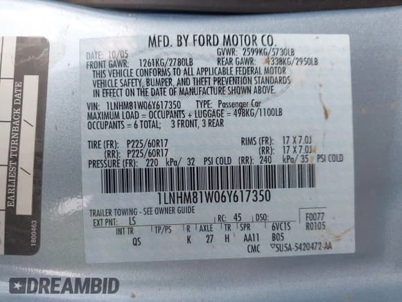 ✅ 2006 Lincoln Town Car Signature • VIN: 1LNHM81W06Y617350 • Lot: 42450529. Listed on IAAI with Not provided. Free auction sales archive from the USA and detailed vehicle history report at DreamBid. Image 9.