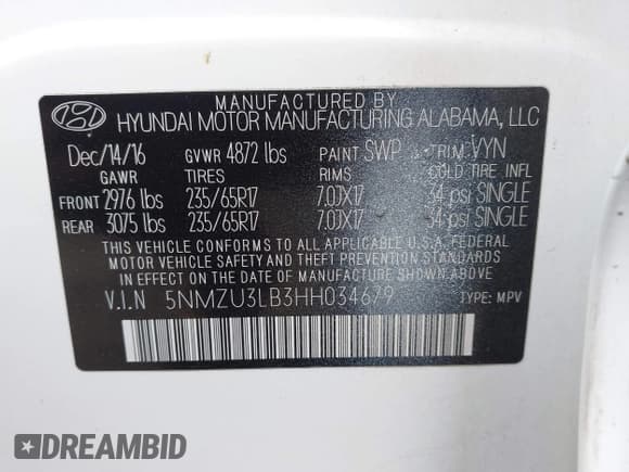 ✅ 2017 Hyundai Santa Fe 2.4L • VIN: 5NMZU3LB3HH034679 • Лот: 43585420. Опубликован ранее на IAAI с пробегом 98 763 миль. Бесплатный доступ к архиву аукционных продаж из США и подробный отчёт об истории автомобиля на DreamBid. Изображение 9.