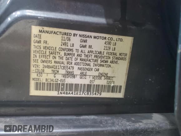 ✅ 2007 Nissan Maxima SL • VIN: 1N4BA41E17C835479 • Lot: 84195315. Listed on Copart with Not provided. Free auction sales archive from the USA and detailed vehicle history report at DreamBid. Image 13.