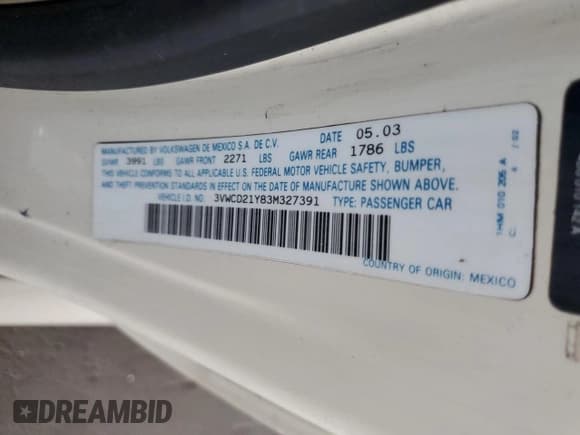 ✅ 2003 Volkswagen Beetle GLS • VIN: 3VWCD21Y83M327391 • Lot: 86988854. Listed on Copart with 181,999 mi. Free auction sales archive from the USA and detailed vehicle history report at DreamBid. Image 13.