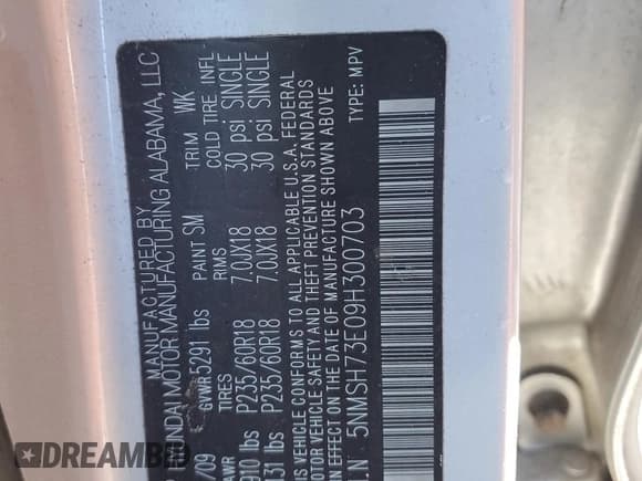 ✅ 2009 Hyundai Santa Fe Limited • VIN: 5NMSH73E09H300703 • Lot: 84516804. Listed on Copart with 109,904 mi. Free auction sales archive from the USA and detailed vehicle history report at DreamBid. Image 13.