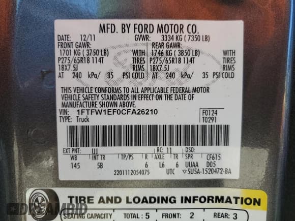 ✅ 2012 Ford F-150 FX4 • VIN: 1FTFW1EF0CFA26210 • Lot: 85544365. Wystawiony na Copart z przebiegiem 138 219 mil. Bezpłatny archiwum sprzedaży aukcyjnych z USA i szczegółowy raport historii pojazdu na DreamBid. Zdjęcie 12.