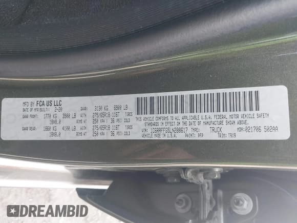 ✅ 2020 Ram 1500 Big Horn • VIN: 1C6RRFFG5LN288617 • Lot: 39348771. Listed on IAAI with 60,776 mi. Free auction sales archive from the USA and detailed vehicle history report at DreamBid. Image 9.