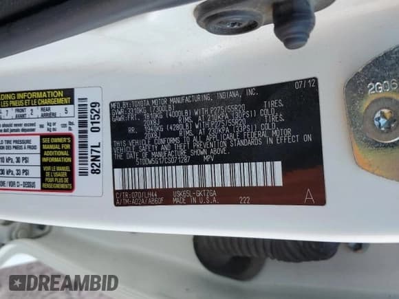 ✅ 2012 Toyota Sequoia Platinum • VIN: 5TDDW5G17CS071287 • Lot: 80321245. Listed on Copart with 198,646 mi. Free auction sales archive from the USA and detailed vehicle history report at DreamBid. Image 14.