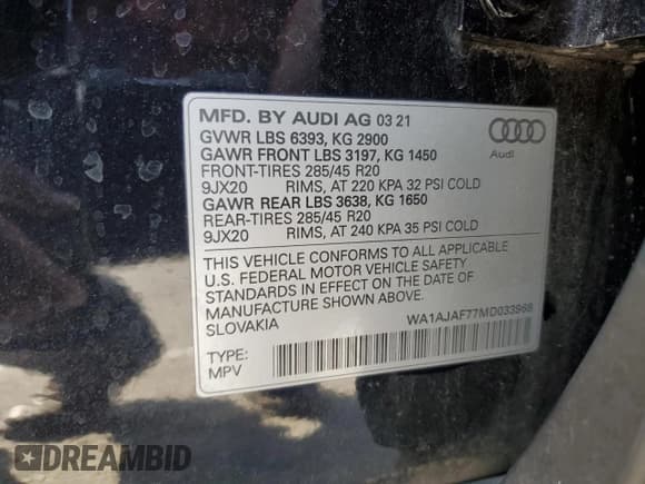 ✅ 2021 Audi Q7 Premium • VIN: WA1AJAF77MD033968 • Lot: 82202975. Wystawiony na Copart z przebiegiem 51 924 mil. Bezpłatny archiwum sprzedaży aukcyjnych z USA i szczegółowy raport historii pojazdu na DreamBid. Zdjęcie 14.