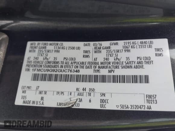 ✅ 2016 Ford Escape SE • VIN: 1FMCU9G92GUC76348 • Lot: 43914787. Listed on IAAI with 312,776 mi. Free auction sales archive from the USA and detailed vehicle history report at DreamBid. Image 9.