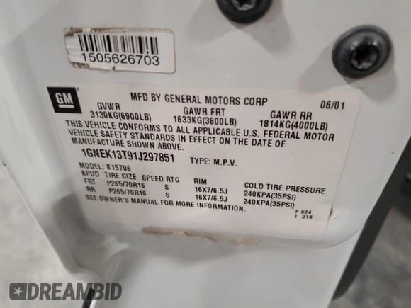 ✅ 2001 Chevrolet Tahoe LS • VIN: 1GNEK13T91J297851 • Lot: 66798305. Listed on Copart with 204,145 mi. Free auction sales archive from the USA and detailed vehicle history report at DreamBid. Image 13.