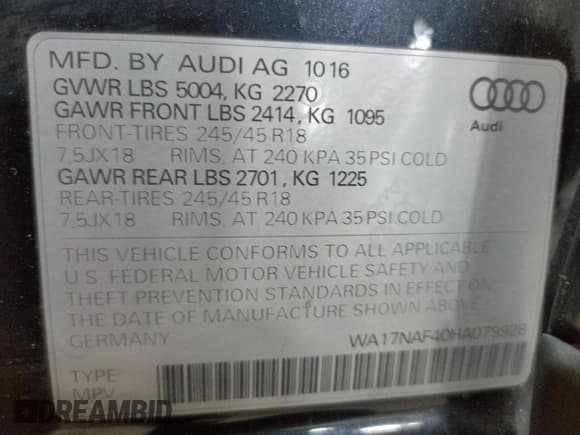 ✅ 2017 Audi allroad A4 Premium • VIN: WA17NAF40HA079928 • Лот: 44864813. Опубликован ранее на Copart с пробегом 97 421 миль. Бесплатный доступ к архиву аукционных продаж из США и подробный отчёт об истории автомобиля на DreamBid. Изображение 13.