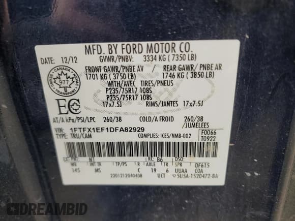 ✅ 2013 Ford F-150 XL • VIN: 1FTFX1EF1DFA82929 • Lot: 60239145. Listed on Copart with 261,021 mi. Free auction sales archive from the USA and detailed vehicle history report at DreamBid. Image 12.