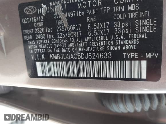 2013 Hyundai Tucson GLS z VIN KM8JU3AC5DU624633, wystawiony jako IAAI lot #42366217 z przebiegiem 108 258 mil mil oraz . Historia ofert i sprzedaży dostępna na DreamBid. Obrazek 9.